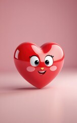 smiling red heart on pink, gazing looking at camera, copyspace, concept of love