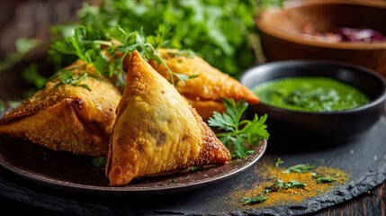 A plate of crispy samosas served with a side of green chutney and fresh herbs on a rustic table setting