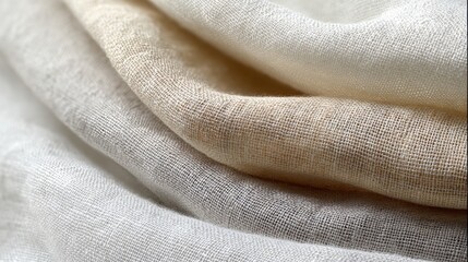 Fototapeta premium Close-up of layered linen textiles in neutral tones. Natural fabric texture with warm whites and beige shades. Minimalist background for interior design, fashion, wellness and calm lifestyle concept
