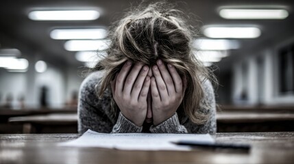 &Auml;&deg;ntimate and powerful photograph, close-up shot of a stressed teenager in a school exam. Their face is completely hidden by their hands, fingers pressed against their skin. 