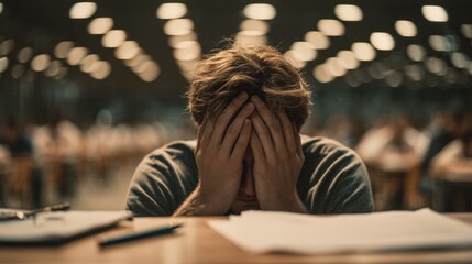 &Auml;&deg;ntimate and powerful photograph, close-up shot of a stressed teenager in a school exam. Their face is completely hidden by their hands, fingers pressed against their skin. 