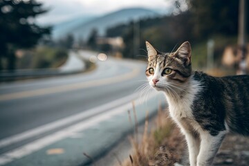Obraz premium Curious tabby cat standing by winding mountain roadside