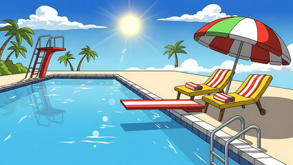 Fototapeta premium Cartoon summer day at the pool with diving board, sun loungers, umbrella, palm trees.