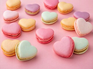 Heart-shaped macaroons on a pink background.valentines day