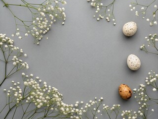 Gipsophila and small eggs on simple gray background.Easter 
