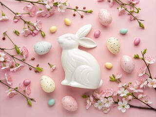 White ceramic bunny with pastel decorated easter eggs and flowers on pink background. Easter holiday