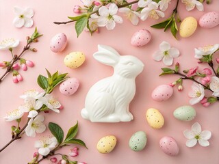 White ceramic bunny with pastel decorated easter eggs and flowers on pink background. Easter holiday