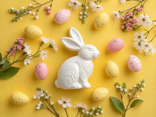 White ceramic bunny with pastel decorated easter eggs and flowers on yellow background. Easter holiday
