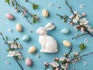 White ceramic bunny with pastel decorated easter eggs and flowers on blue background. Easter holiday