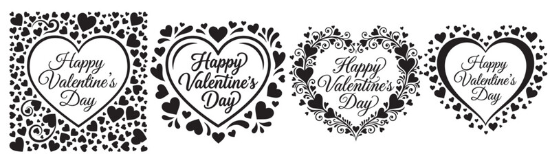 Set of 4 Black and White Happy Valentine's Day Heart Frames Vector