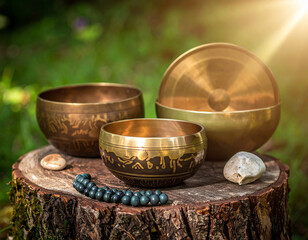 Handmade Tibetan singing bowls for sound healing and meditation on a wooden stump in nature light