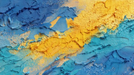 Abstract textured blue and yellow paint strokes on canvas.