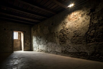 Abandoned stone room with dim lighting and barred window