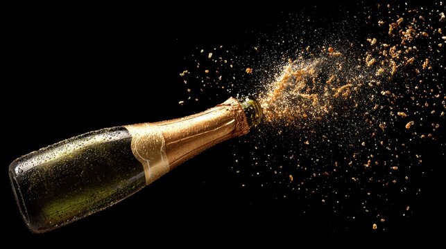 Champagne bottle exploding with golden cork and bubbles flying