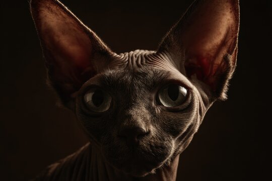 Close-up of a hairless cat with large ears and eyes