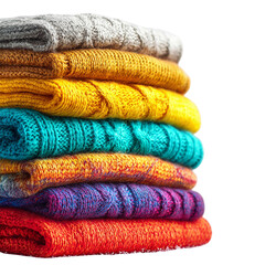 Stack of colorful knitted sweaters winter warmth cozy fashion isolated on transparent background.