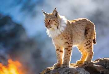 Fototapeta premium Alert Eurasian Lynx on a Mountain Peak with Dramatic Sunset Glow