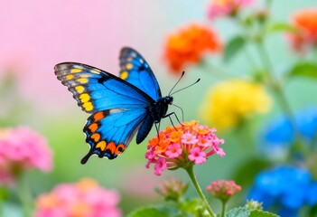 Vibrant Blue Butterfly Perched on Pink Lantana Flowers