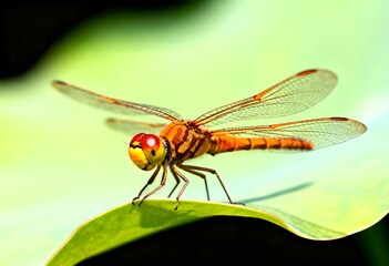 Macro Photography of an Orange Dragonfly on a Green Leaf