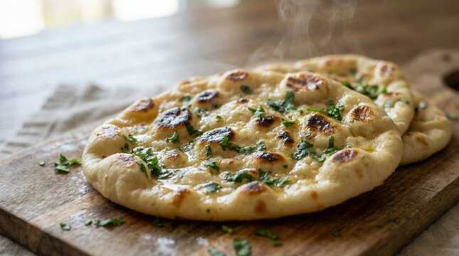 Fresh Garlic Naan Bread with Butter and Herbs, Traditional Indian and Pakistani Flatbread