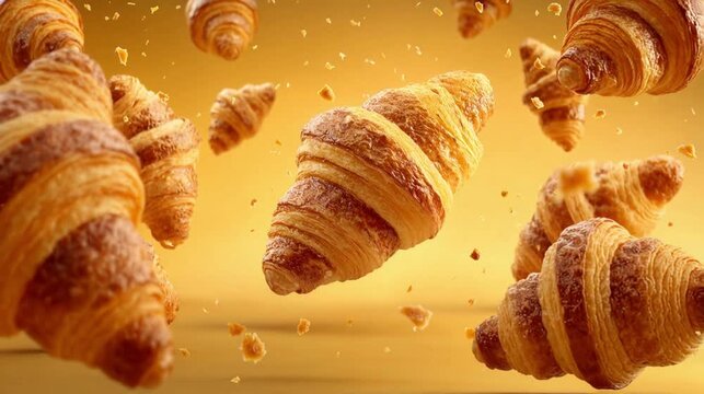 Freshly baked croissants floating in mid-air against a warm yellow background