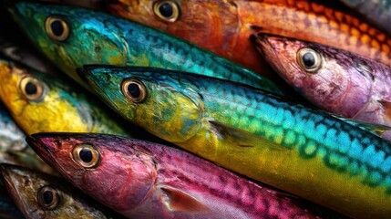 Fototapeta premium Vibrant rainbow fish display with diverse textures and colors.