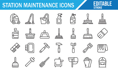 Industrial Cleaning Equipment and Janitor Supplies Line Icons.