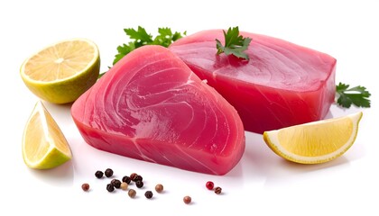 Fresh raw tuna steaks with lemon, parsley, and peppercorns isolated on a white background.