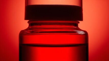 A red bottle of liquid is sitting on a red background. The bottle is almost full, with only a small amount of liquid visible at the top. The image has a warm, inviting feel to it