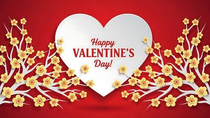 Happy Valentine's Day greeting card with blooming cherry blossom branches and heart shape