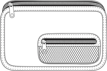 Minimal zip pouch technical drawing, flat front view, travel accessory bag, zipper pocket detail, product specification, flat vector illustration, iconMinimal zip pouch technical  © SreePobitra