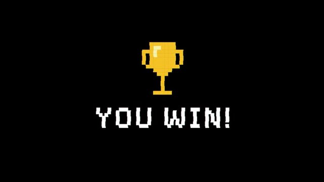 You Win Trophy Animation with VHS Glitch Effect on Black Background Retro Analog Victory Screen with Pixelated Trophy Icon for Gaming and Arcade Motion Graphics
