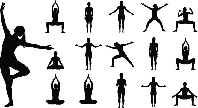 Yoga Pose Silhouette Collection Women Fitness Meditation Stretching Exercise Black Vector Illustration Set