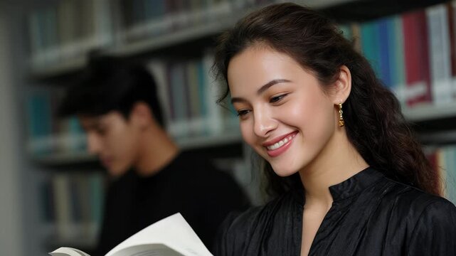 Young Woman Smiling While Reading Book in Library