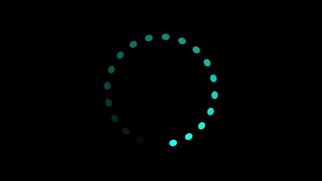 Teal Loading Spinner Animation with Fading Dots on Black Background waiting buffering