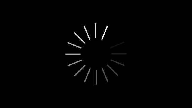 White radial loading spinner animation on black background 4k with alpha channel progress waiting