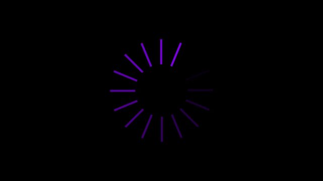 Purple radial loading spinner animation on black background 4k with alpha channel progress waiting