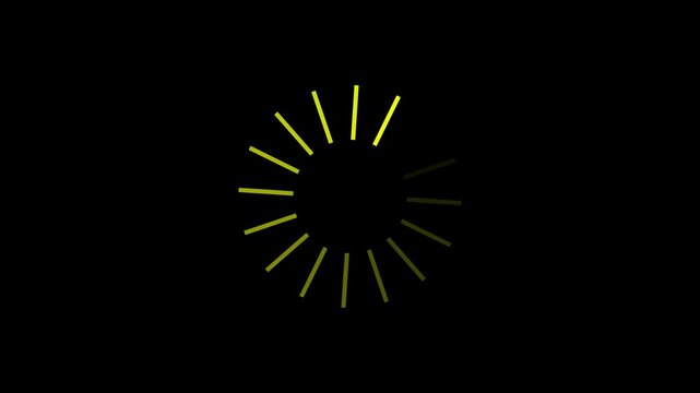 Yellow radial loading spinner animation on black background 4k with alpha channel progress waiting