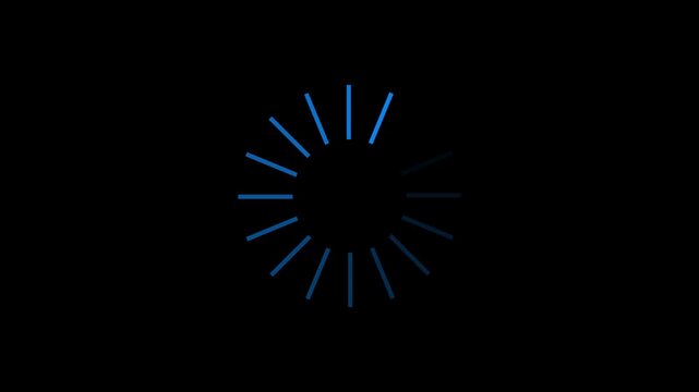 Blue radial loading spinner animation on black background 4k with alpha channel progress waiting