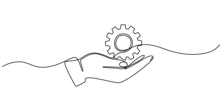 resource icon hand with gear continuous one line drawing, Premium Service Single Line Icon, Continuous Line Drawing of Engineering Icon. Hand Drawn Symbol Vector Illustration.