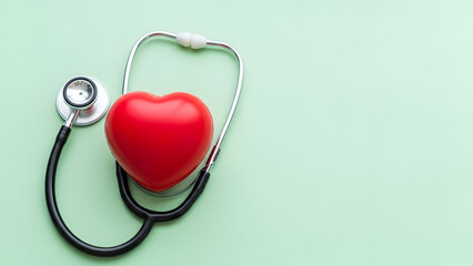 Stethoscope wrapped around a red heart on a light green background symbolizing healthcare and cardiology