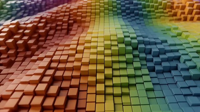 Abstract 3D landscape of wavy, gradient-colored cubes.