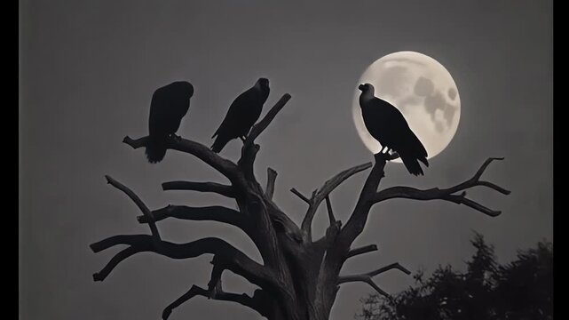 Three ominous birds silhouette perched on bare tree branches against a bright full moon at night.