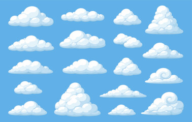 Cartoon cloud shapes collection on blue background. Set of soft fluffy clouds for sky scenes, weather