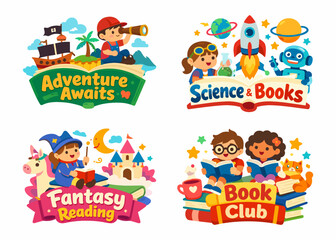 Fototapeta premium Colorful kids reading and learning badges collection. Set of adventure, science, fantasy, books, education and imagination themes