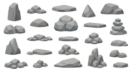 Fototapeta na wymiar Cartoon stone and rock shapes collection. Set of flat vector stones, boulders and rock elements for nature scenes