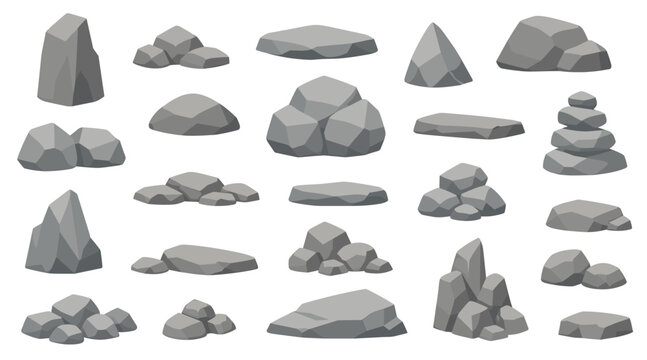 Cartoon stone and rock shapes collection. Set of flat vector stones, boulders and rock elements for nature scenes