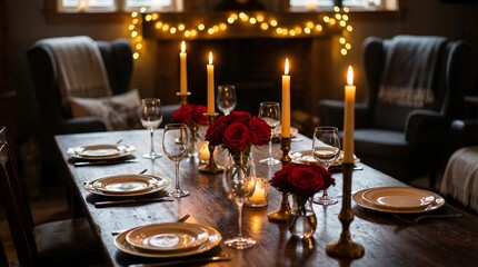 Formal dinner table set with candles and red roses for holiday