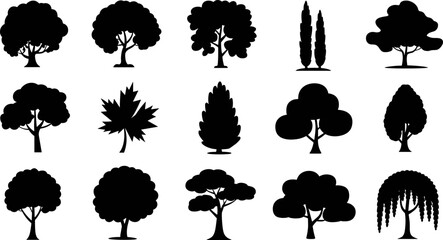 WebVector Collection of Deciduous and Evergreen Tree Silhouettes Featuring Oak Maple Willow and Cypress Shapes for Landscape Design Gardening and Nature Graphic Illustrations (25 words) © Mim's World