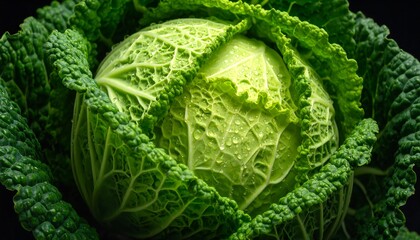 A close-up view of a fresh, green head of cabbage with water droplets